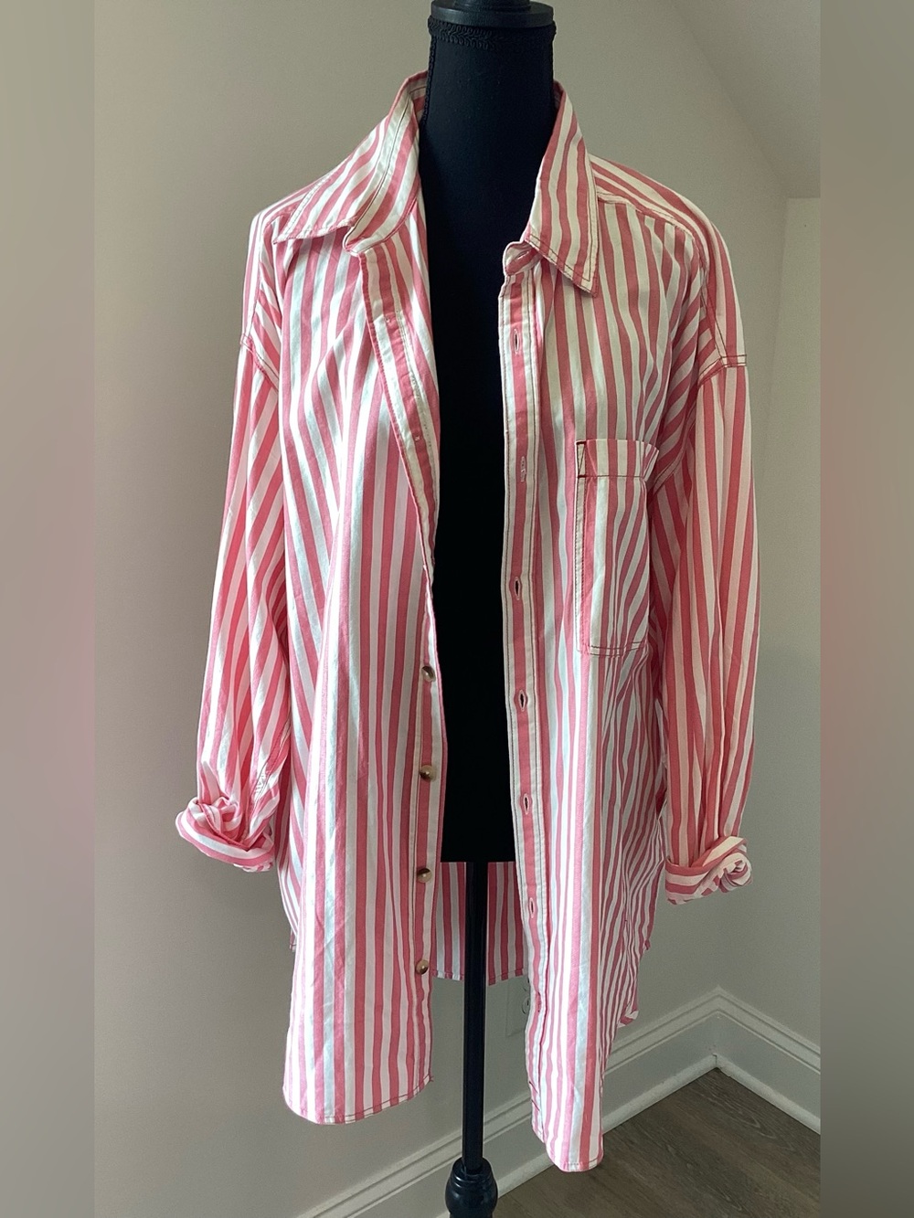 Free People We The Free NWT Coral Stripe Oversized Shirt Coastal Prep Medium